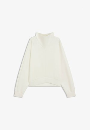 Weißes Sweatshirt mit hohem, umgeschlagenem Kragen und langen Ärmeln. Es hat einen leicht verkürzten Saum und eine glatte, weiche Textur.