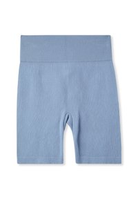Pantaloni corti a coste blu chiaro con vita elastica, caratterizzati da un design aderente e lunghezza fino a metà coscia, adatti per un abbigliamento casual.