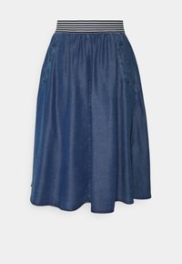 Jeansrock in Dunkelblau mit einem elastischen Bund, der schwarz-weiße Streifen aufweist, Seitentaschen und einem ausgestellten A-Linien-Design.