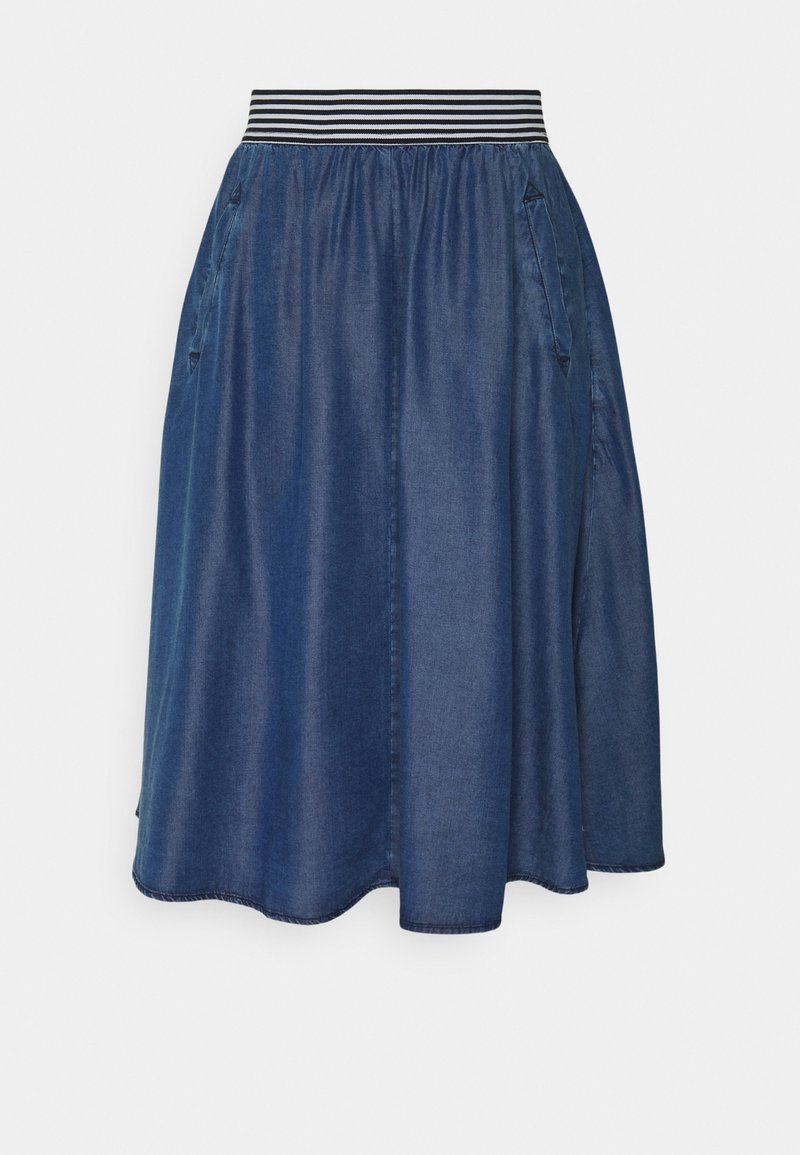 Jeansrock in Dunkelblau mit einem elastischen Bund, der schwarz-weiße Streifen aufweist, Seitentaschen und einem ausgestellten A-Linien-Design.