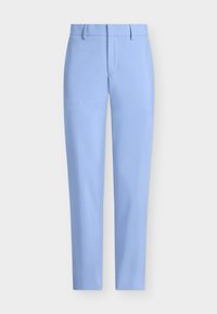 Calças ajustadas azul claro com uma textura suave, design de perna straight e um bolso frontal. Apresenta passantes para cinto e fecho com zip.
