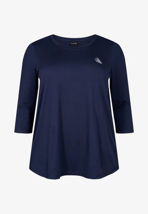 Dunkelblaues Langarmshirt mit Rundhalsausschnitt, aus glattem Stoff mit einem subtilen geometrischen Muster auf der oberen linken Seite.