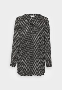 Blusa nera con maniche lunghe, scollatura a V, caratterizzata da un motivo a foglia ripetuto in beige chiaro, tessuto morbido e orlo curvo.