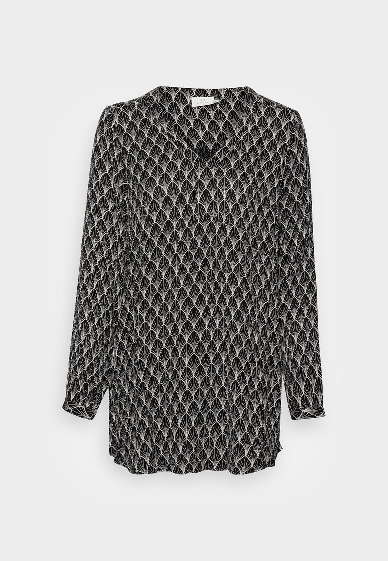 Blusa nera con maniche lunghe, scollatura a V, caratterizzata da un motivo a foglia ripetuto in beige chiaro, tessuto morbido e orlo curvo.