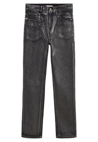 Vaqueros de pierna recta en negro lavado, con cinco bolsillos, trabillas para cinturón y cierre de botón metálico en la cintura.