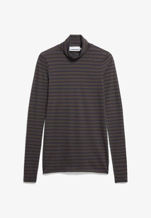 Maglia a maniche lunghe con collo a dolcevita di colore marrone scuro, con strisce orizzontali blu navy, realizzata in un tessuto morbido e testurizzato. Pieghe sul colletto per un tocco di dettaglio in più.