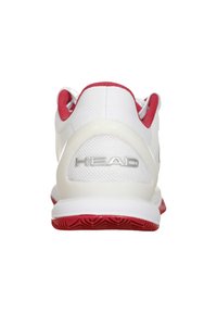 Zapato deportivo blanco con una parte superior de malla texturizada, acentos rojos y una suela de goma sólida con un patrón de olas. Logo mostrado en el talón.