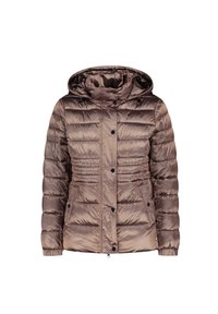 Giubbotto imbottito in un tessuto lucido di colore marrone scuro. Presenta un cappuccio, bottoni a pressione frontali e due tasche anteriori con una leggera lucentezza e una texture trapuntata.