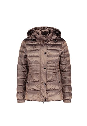 Kurtka puchowa w błyszczącej, ciemnobrązowej tkaninie. Posiada kaptur, zapięcie na napy z przodu oraz dwie przednie kieszenie z delikatnym połyskiem i pikowanym teksturą.