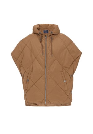 Giacca a vento oversize marrone trapuntata con cappuccio, dotata di zip frontale, cordini regolabili e tasche laterali.