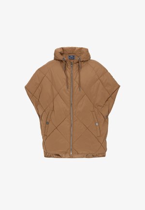 Doudoune marron matelassée oversized avec capuche, dotée d'une fermeture éclair à l'avant, de cordons de serrage ajustables et de poches latérales.