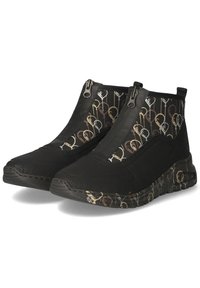 Bottines noires avec un dessus texturé, des fermetures éclairs, et une semelle à motifs comportant des boucles dans des tons beige, or et argent.