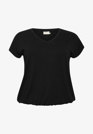 T-shirt noir à manches courtes avec décolleté en V, fabriqué dans un tissu doux, présentant une coupe décontractée avec un ourlet arrondi pour une apparence casual.
