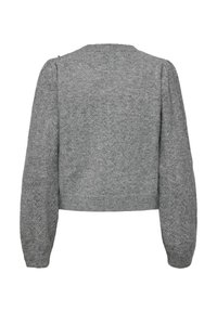 Pull gris en maille avec un design court, texturé avec un motif chevron, doté de manches bouffantes et d'un col rond.