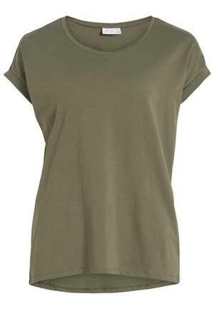 Olive green, short-sleeve T-shirt with a round neckline and a slightly longer back hem. Made of soft, lightweight fabric.