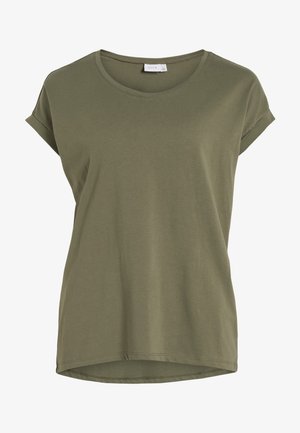 Olivengrønn t-skjorte med korte ermer og rund hals, med en litt lengre bakkant. Laget av mykt, lett stoff.