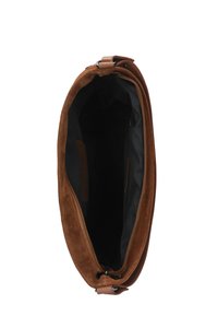 Braune Wildleder-Tote-Tasche mit Reißverschluss, weicher Textur und schwarzem Stofffutter. Das Innere umfasst eine kleine Reißverschlusstasche zur Organisation.