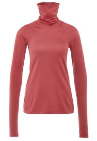 Long-sleeve turtleneck top in a soft, dusty rose color, made from stretch fabric with smooth texture and fitted design, featuring raglan sleeves.