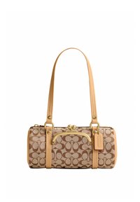 Brown patterned Coach handbag with tan leather straps, gold-tone metal clasp and frame, and leather brand tag.