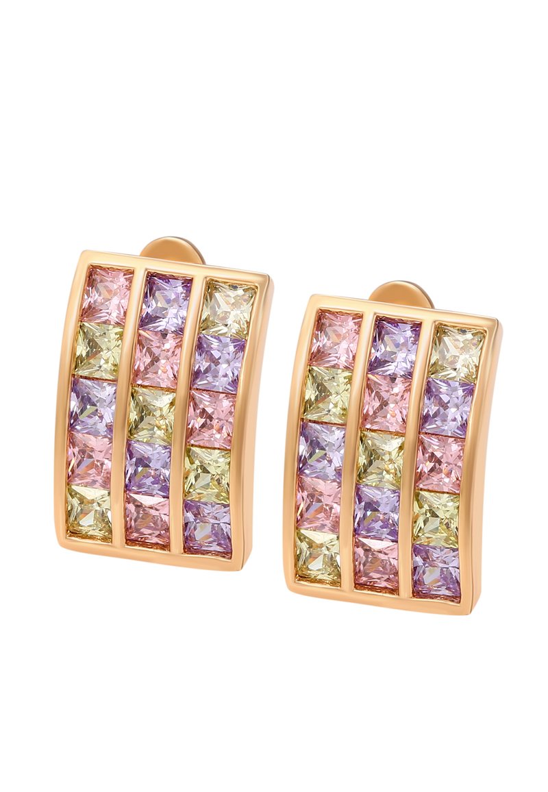 Goldene rechteckige Ohrringe mit drei vertikalen Reihen aus quadratisch geschliffenen pastellfarbenen Edelsteinen in Rosa-, lila- und Gelbtönen.