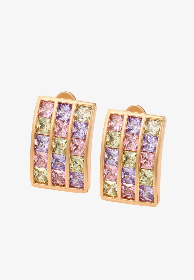Goldene rechteckige Ohrringe mit drei vertikalen Reihen aus quadratisch geschliffenen pastellfarbenen Edelsteinen in Rosa-, lila- und Gelbtönen.