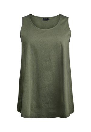 Olivovo zelený top bez rukávov vyrobený z jemného, ľahkého materiálu. Má okrúhly výstrih a uvoľnený, splývavý strih.