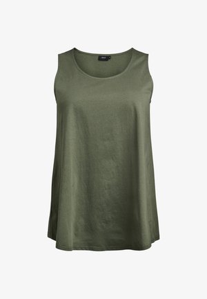Olivenfarbene ärmellose Bluse aus weichem, leichtem Stoff. Verfügt über einen runden Ausschnitt und eine lockere, fließende Silhouette.