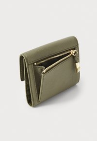 Olive green textured leather wallet with gold-tone hardware, featuring a zippered pocket and a front card slot for easy access.