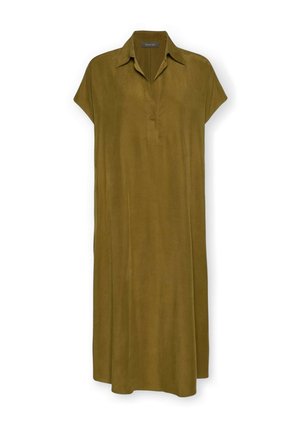 Vestido midi verde oliva de manga corta con cuello, abertura con botones a medio cierre y corte holgado.