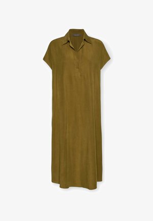 Kaki groene midi-jurk met korte mouwen, een kraag, een halve knoopsluiting en een losse pasvorm.