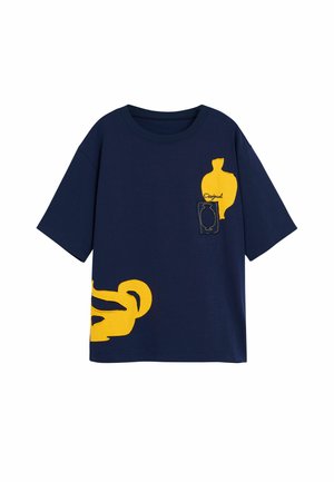 Navy blue cotton T-shirt with oversized fit. Features yellow abstract designs and a small yellow logo on the chest. Short sleeves.