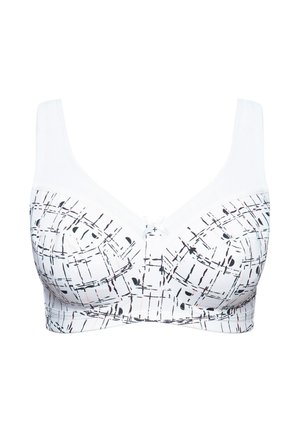 Reggiseno bianco con linee nere e rosa a motivo, dotato di spalline larghe, una texture liscia e un piccolo dettaglio a fiocco centrale.