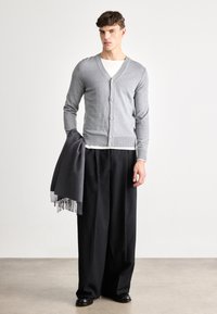 Siva pletena jopica z gumbi, V-izrezom, nosi se preko belega T-shirt-a. Ujemajo se z črnimi širokimi hlačami in drži temnosiv šal.