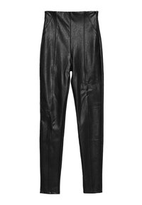 Pantalones de cuero negro con cintura alta, corte ajustado y detalles en panel a lo largo de las piernas, mostrando una textura suave y costuras mínimas.