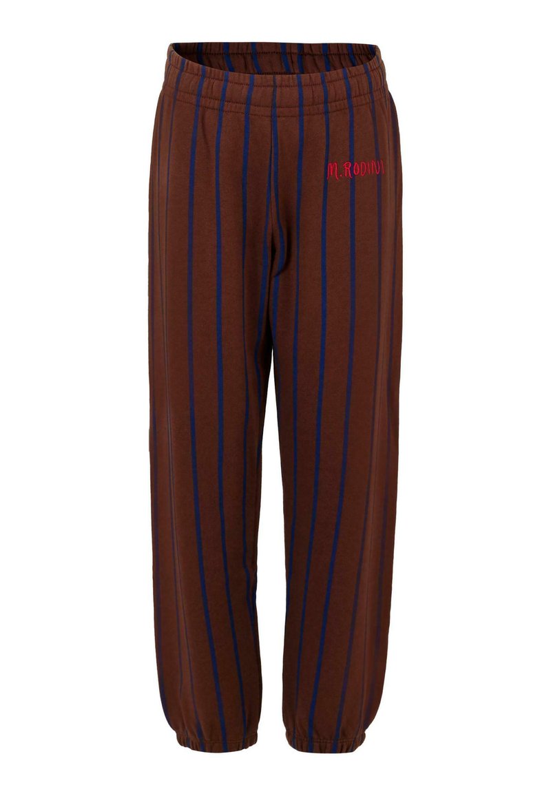 Bruine gestreepte broek gemaakt van zachte stof, met donkerblauwe verticale strepen en een elastische tailleband. Verfraaid met rode borduurwerk.