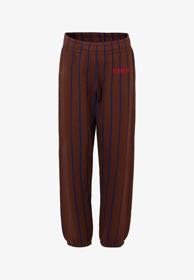 Bruine gestreepte broek gemaakt van zachte stof, met donkerblauwe verticale strepen en een elastische tailleband. Verfraaid met rode borduurwerk.