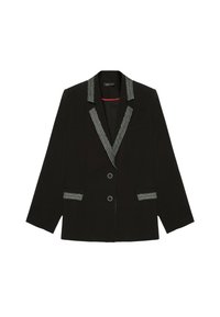 Sacou negru din material, cu detalii argintii pe guler și buzunare; are două butoane frontale și o croială relaxată.