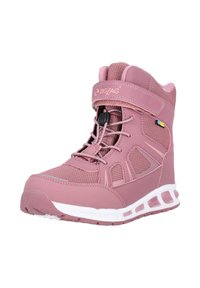 Rosa High-Top-Sportschuh mit einem Obermaterial aus Mesh, weißer Sohle mit Luftdämpfung, verstellbarem Riemen und Schnürsystem für einen sicheren Sitz.