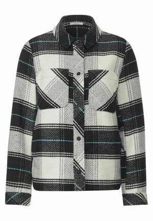Zwart-wit geblokte jas met teal accenten, gemaakt van textuurstof. Heeft twee borstzakken en een knoopsluiting met een kraag.