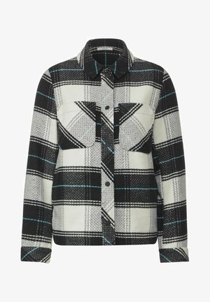 Veste à carreaux noir et blanc avec des accents teal, fabriquée en tissu texturé. Comprend deux poches poitrine et une fermeture à bouton avec un col.