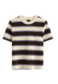 T-shirt a righe a maniche corte nei colori beige, marrone e lavanda. Presenta un colletto a giro e una morbida texture in cotone. Le righe orizzontali variano in larghezza.