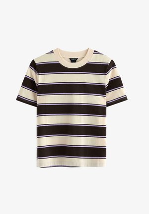 T-shirt a righe a maniche corte nei colori beige, marrone e lavanda. Presenta un colletto a giro e una morbida texture in cotone. Le righe orizzontali variano in larghezza.