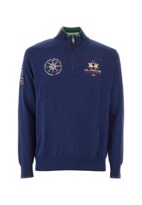 Navy blue pullover sweater with a quarter zipper, featuring embroidered logos in red and gold, and ribbed cuffs and hem.