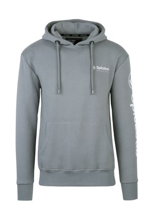 Lysegrå hættetrøje med frontlomme, snorer og "Spitzbub" logo på bryst og ærme. Ribstrikkede manchetter og kant.