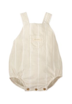 Peto de bebé a rayas beige y blancas con bolsillo delantero etiquetado "tutto piccolo", entrepierna con botones y aberturas elásticas en las piernas.