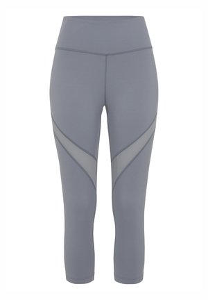 3/4 lange Sportleggings aus leichtem grauem Stoff, mit Netzpaneelen an den Seiten und einem breiten, elastischen Bund für Komfort.