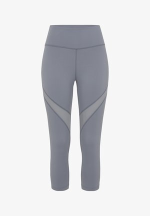 3/4 lange Sportleggings aus leichtem grauem Stoff, mit Netzpaneelen an den Seiten und einem breiten, elastischen Bund für Komfort.