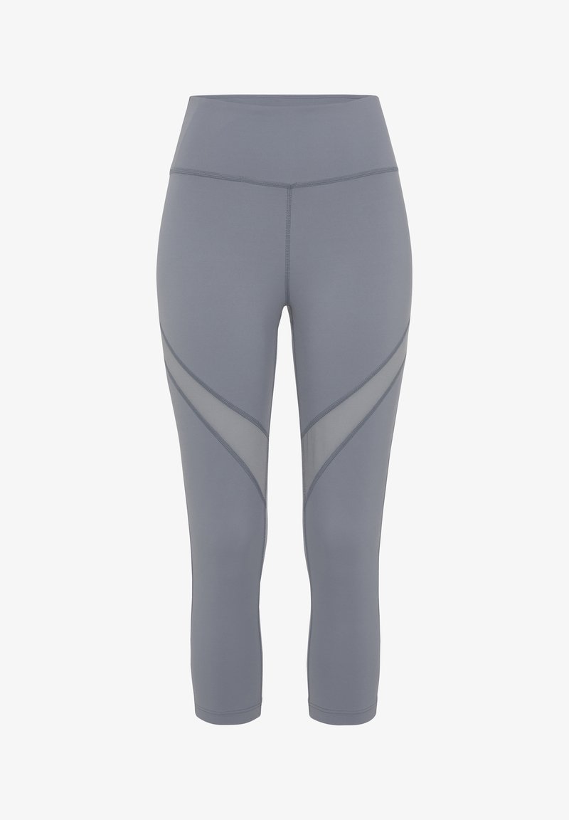 3/4 length athletic leggings in light gray fabric, featuring mesh panels on the sides and a wide, elastic waistband for comfort.