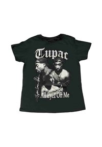 Black short-sleeve t-shirt featuring a graphic of Tupac with the text "Tupac" and "All Eyez On Me" in white font, showcasing a casual fit.