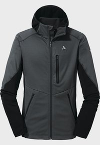 Gray softshell jacket with a black hoodie, two front zip pockets, and a chest zip pocket. Features a logo and textured fabric.